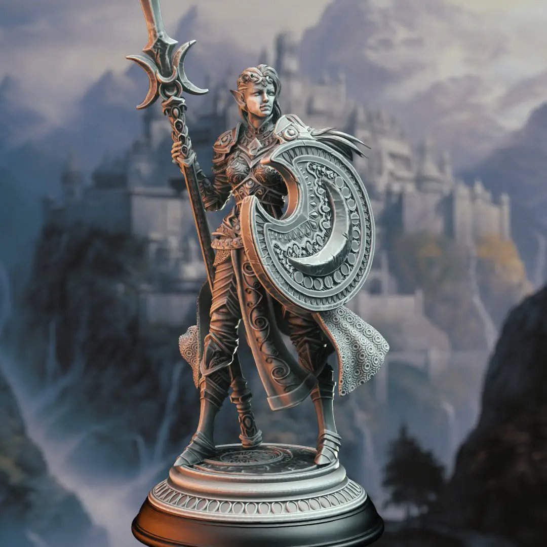 3D printed Half-Elf Moon Cleric model by Last Hope Miniatures, detailed fantasy figure with robes and moon-themed accessories.