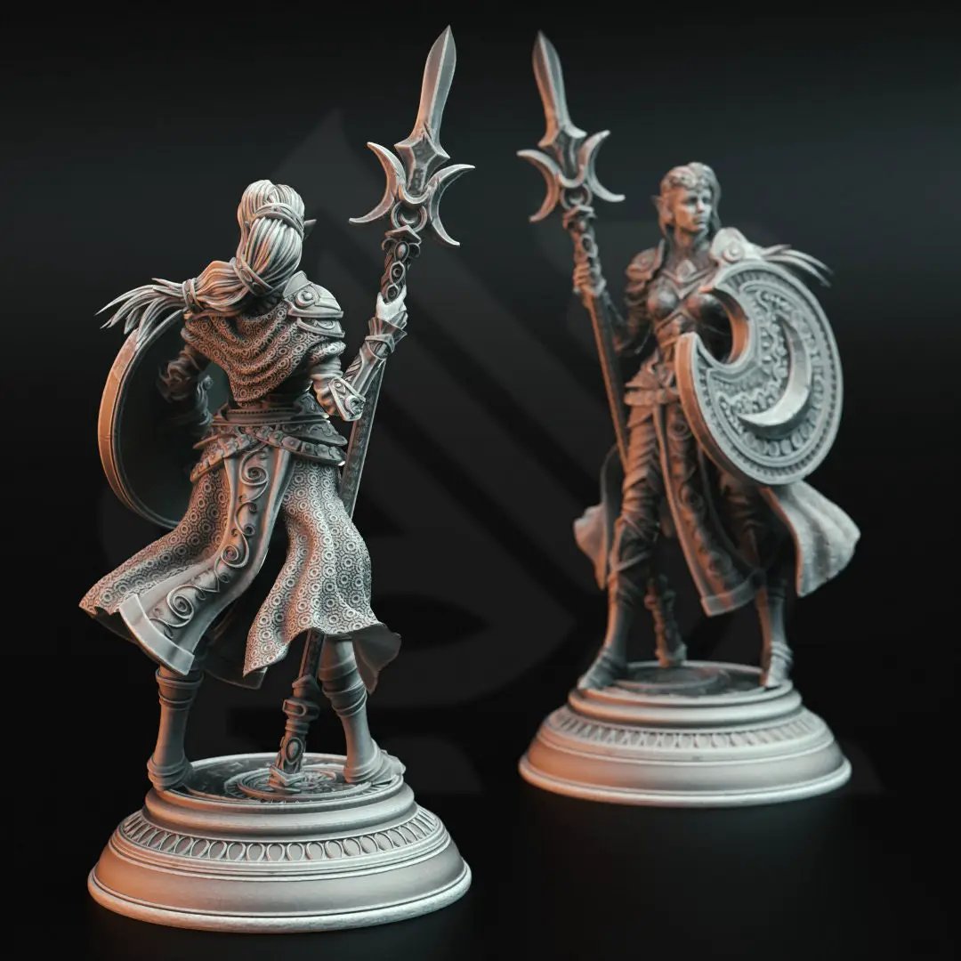 3D printed Half-Elf Moon Cleric model by Last Hope Miniatures, featuring detailed fantasy figure with robes and moon-themed accessories.