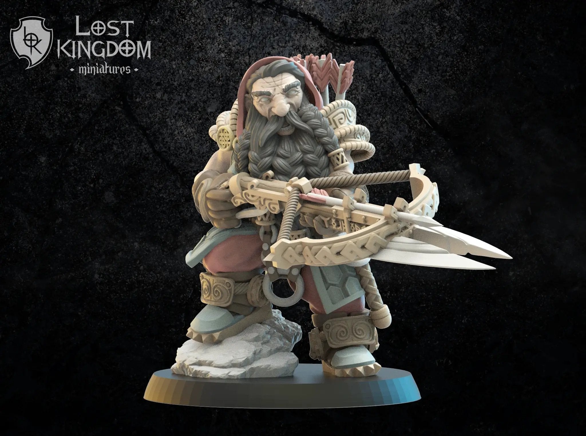 3D printed Harald Armbrost hero model by Lost Kingdom Miniatures, detailed miniature figure on a display stand.