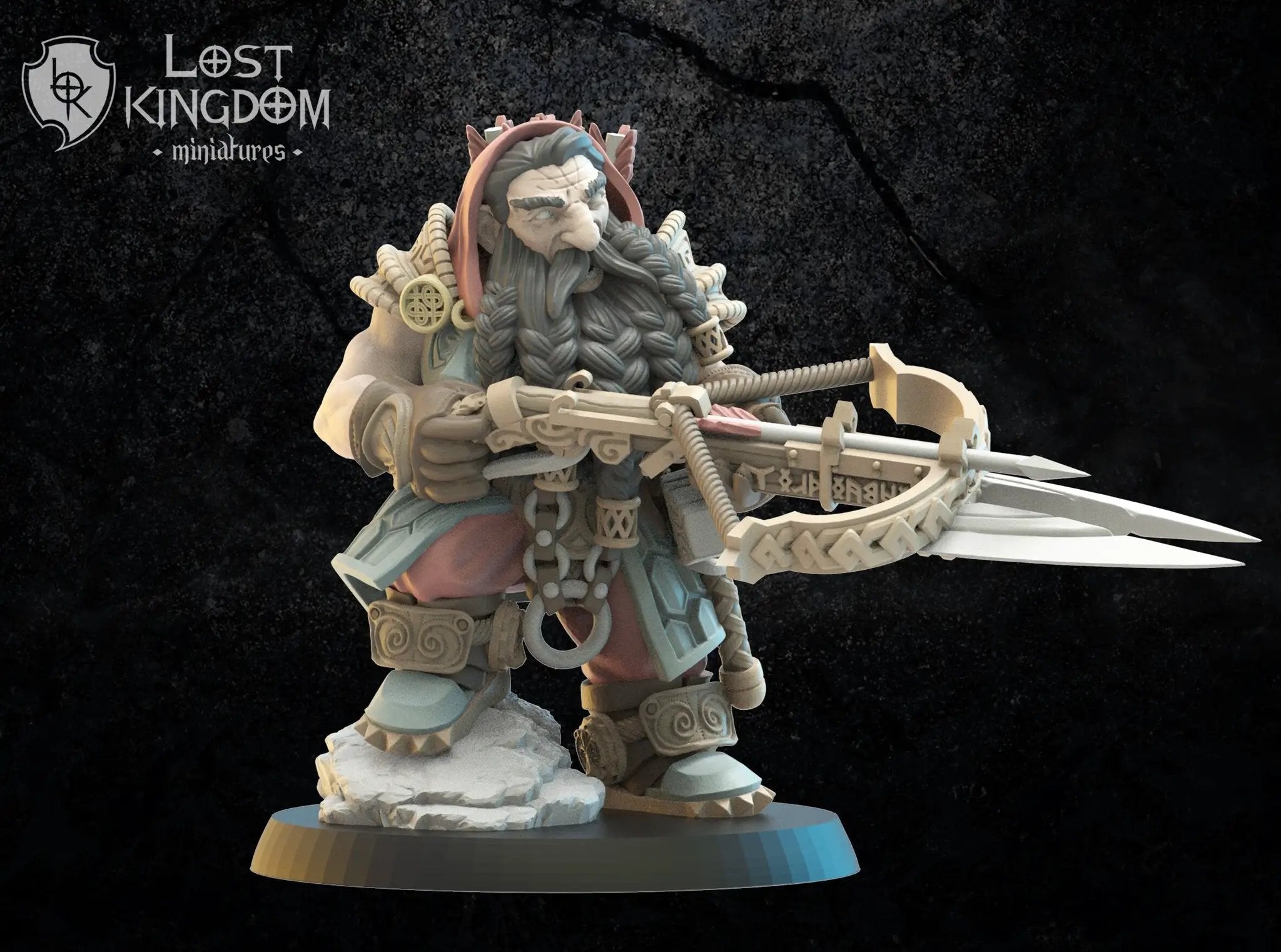3D printed Harald Armbrost hero model by Lost Kingdom Miniatures, featuring detailed armor and dynamic pose.