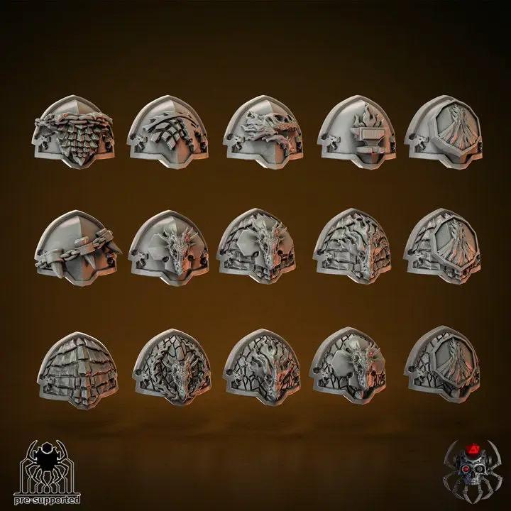 Fifteen 3D printed Heavy Armor Flame Lizard Shoulders miniatures by Last Hope Miniatures for tabletop gaming.