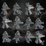 3D printed Heavy Sisters Squad model by DakkaDakka Miniatures, featuring detailed armored figures in a dynamic pose.