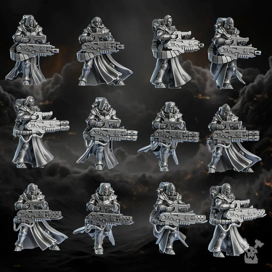 3D printed Heavy Sisters Squad model by DakkaDakka Miniatures, featuring detailed armored figures in a dynamic pose.