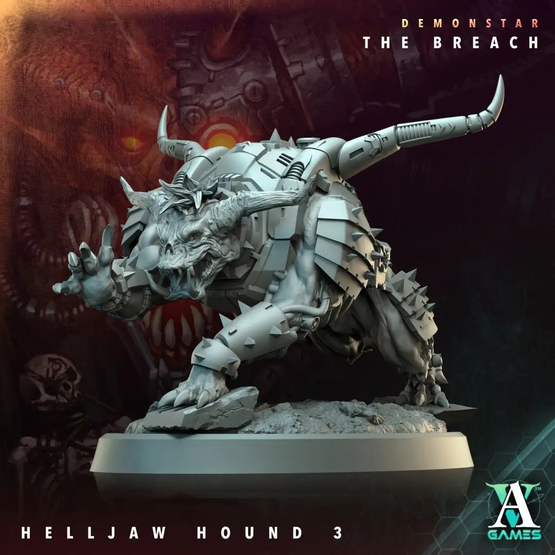 3D printed Helljaw Hound model by Last Hope Miniatures for Archvillain Games, featuring detailed monster design and textured surface.