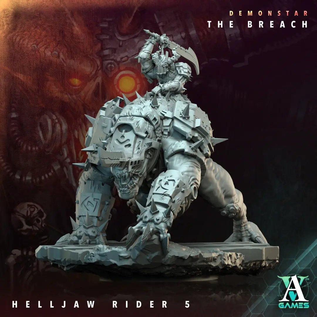 3D printed Helljaw Rider model by Last Hope Miniatures for Archvillain Games, showing detailed sculpt of a fantasy creature.