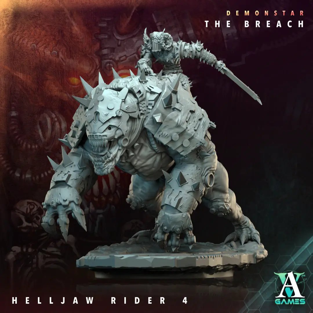 3D printed Helljaw Rider model by Last Hope Miniatures, featuring detailed armor and fierce design, from Archvillain Games.