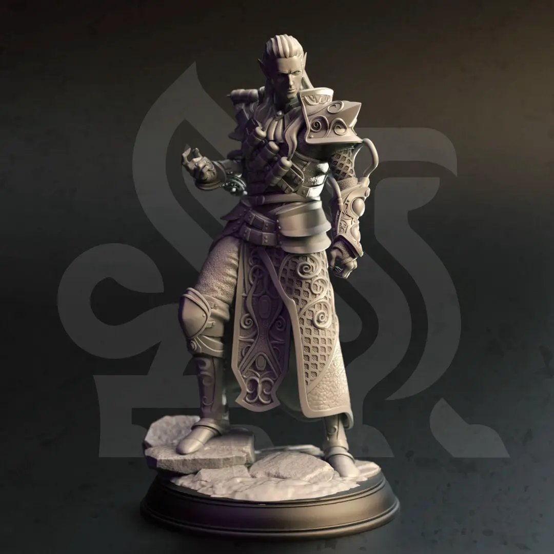 3D printed High Elf Artificer model by Last Hope Miniatures for DM Stash, showcasing intricate elf armor and magical accessories.