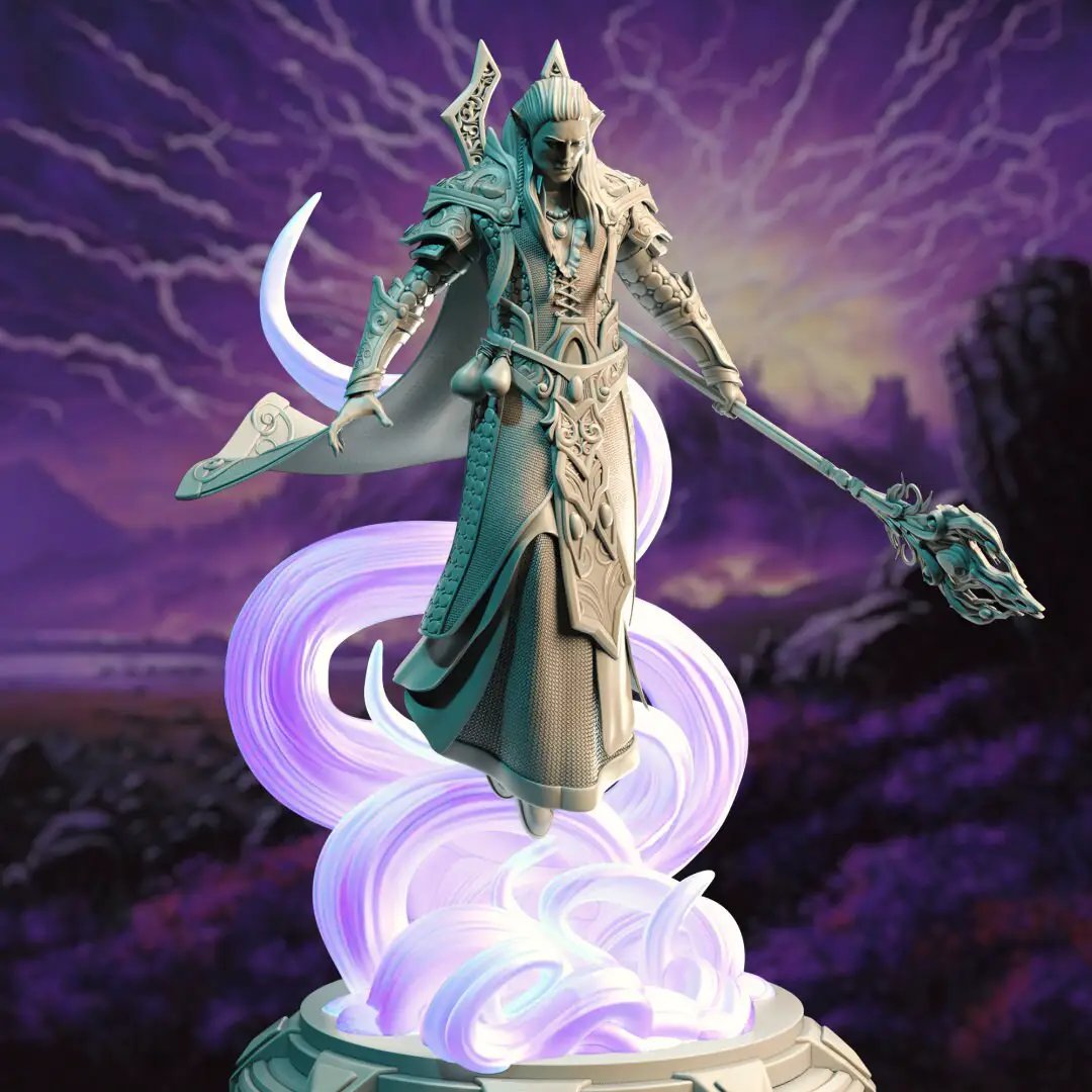 3D printed High Elf Master Sorcerer model by Last Hope Miniatures, detailed fantasy figure from DM Stash, featuring robes and magical staff.