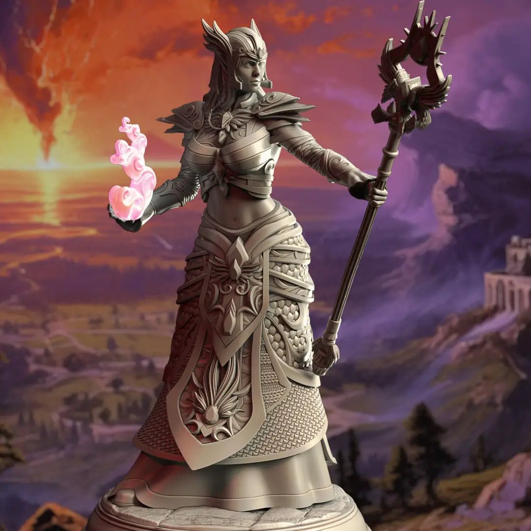 3D printed High Elf Witch Queen model by Last Hope Miniatures, detailed fantasy figure with intricate armor and regal pose.
