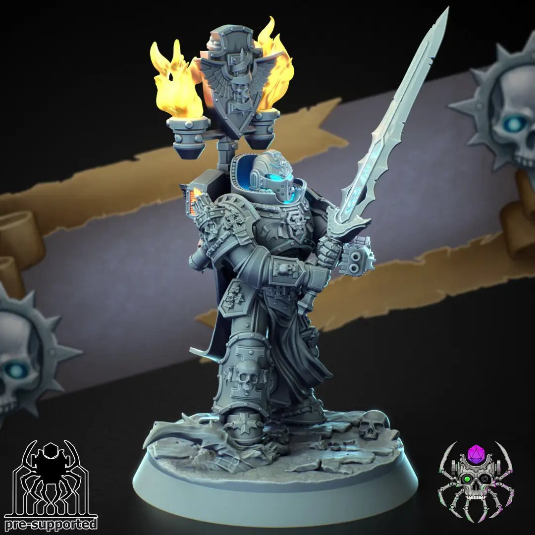 Detailed 3D printed model of the High Warden of Demon Hunters by EightLegsMiniatures, featuring intricate armor and weapon details.