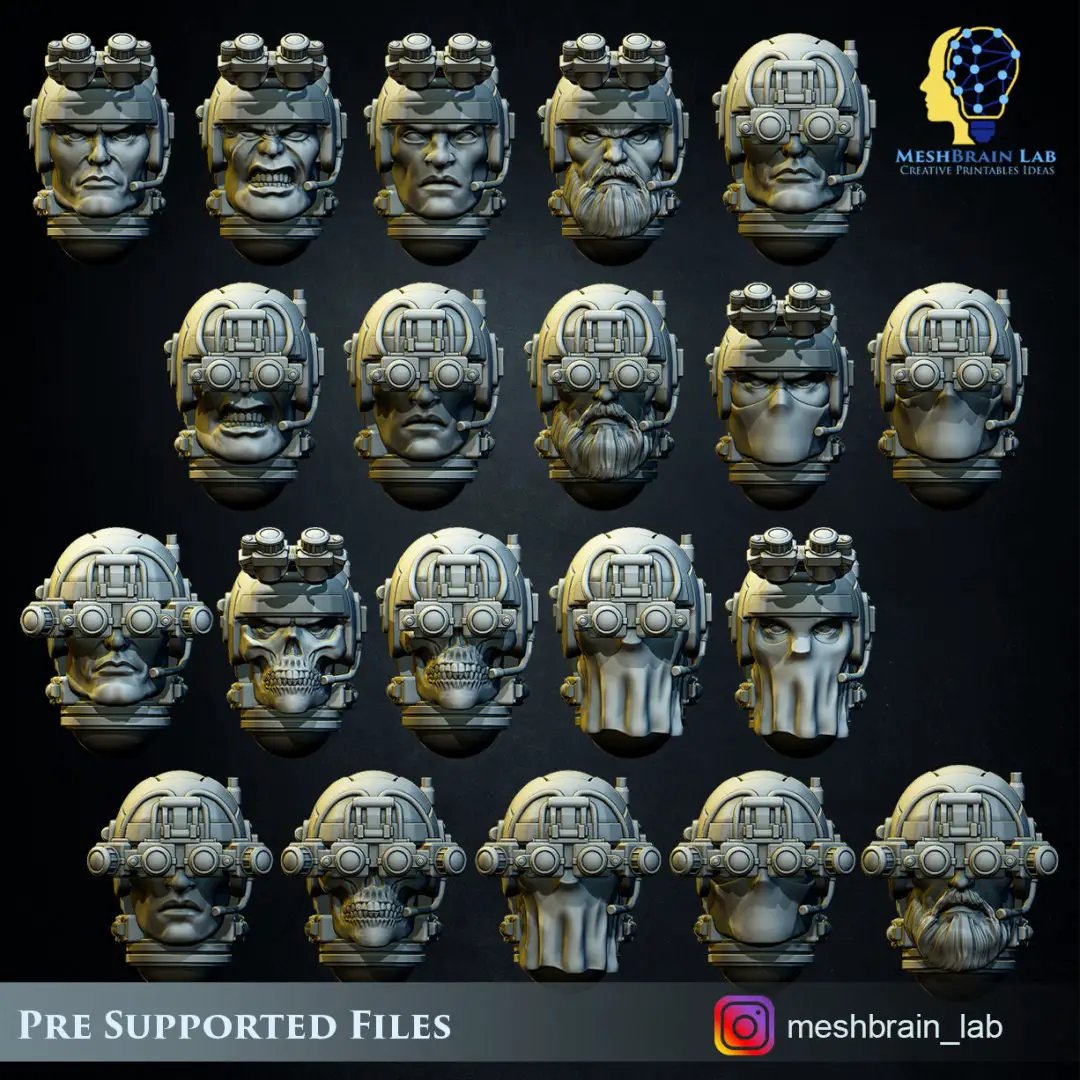 Set of 20 3D printed Imperial Marine Scout heads by Meshbrain Labs for Last Hope Miniatures, detailed sci-fi model heads for tabletop gaming
