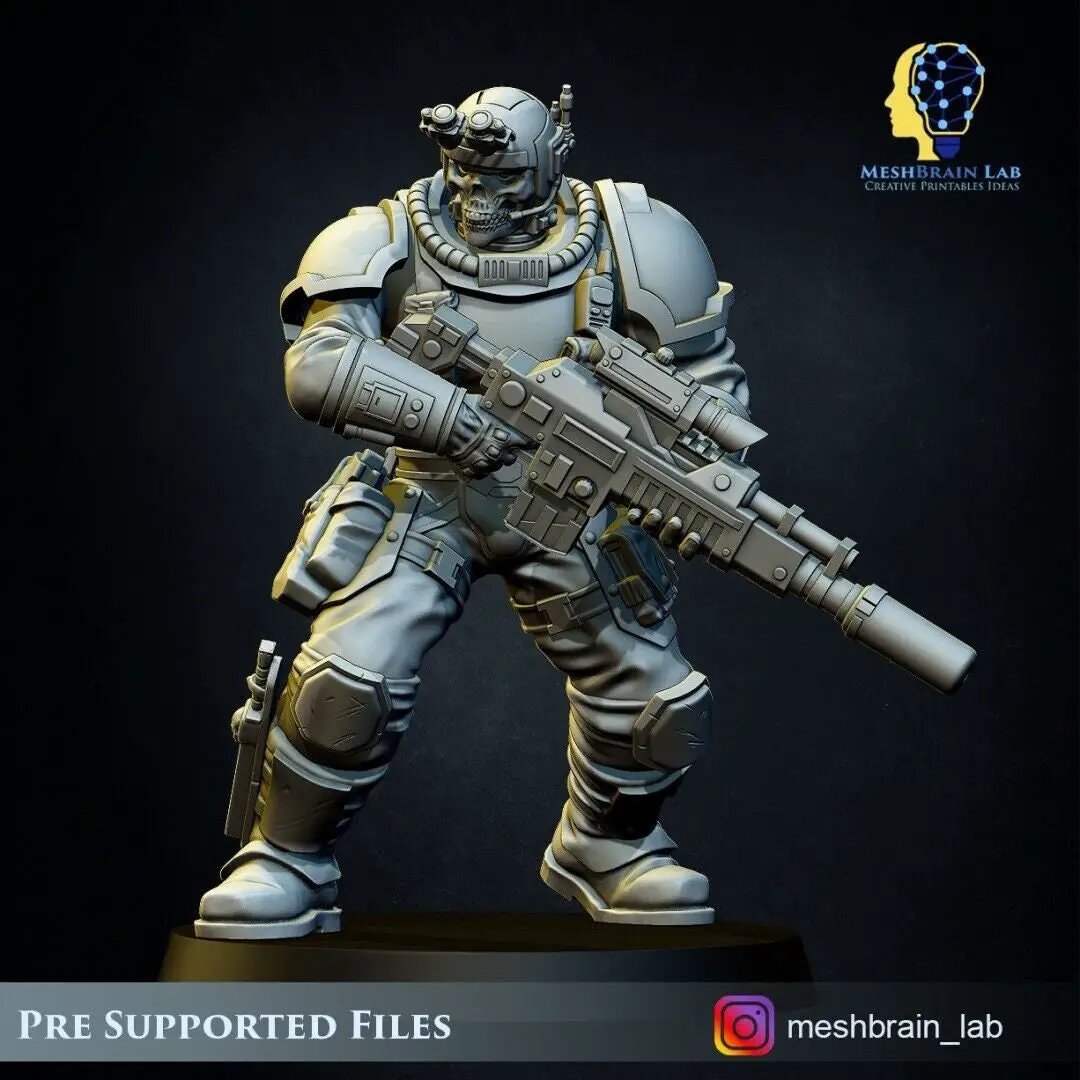 Set of five 3D printed Imperial Marine Scout Squad models by Last Hope Miniatures from Meshbrain Labs, detailed sci-fi tabletop miniatures.