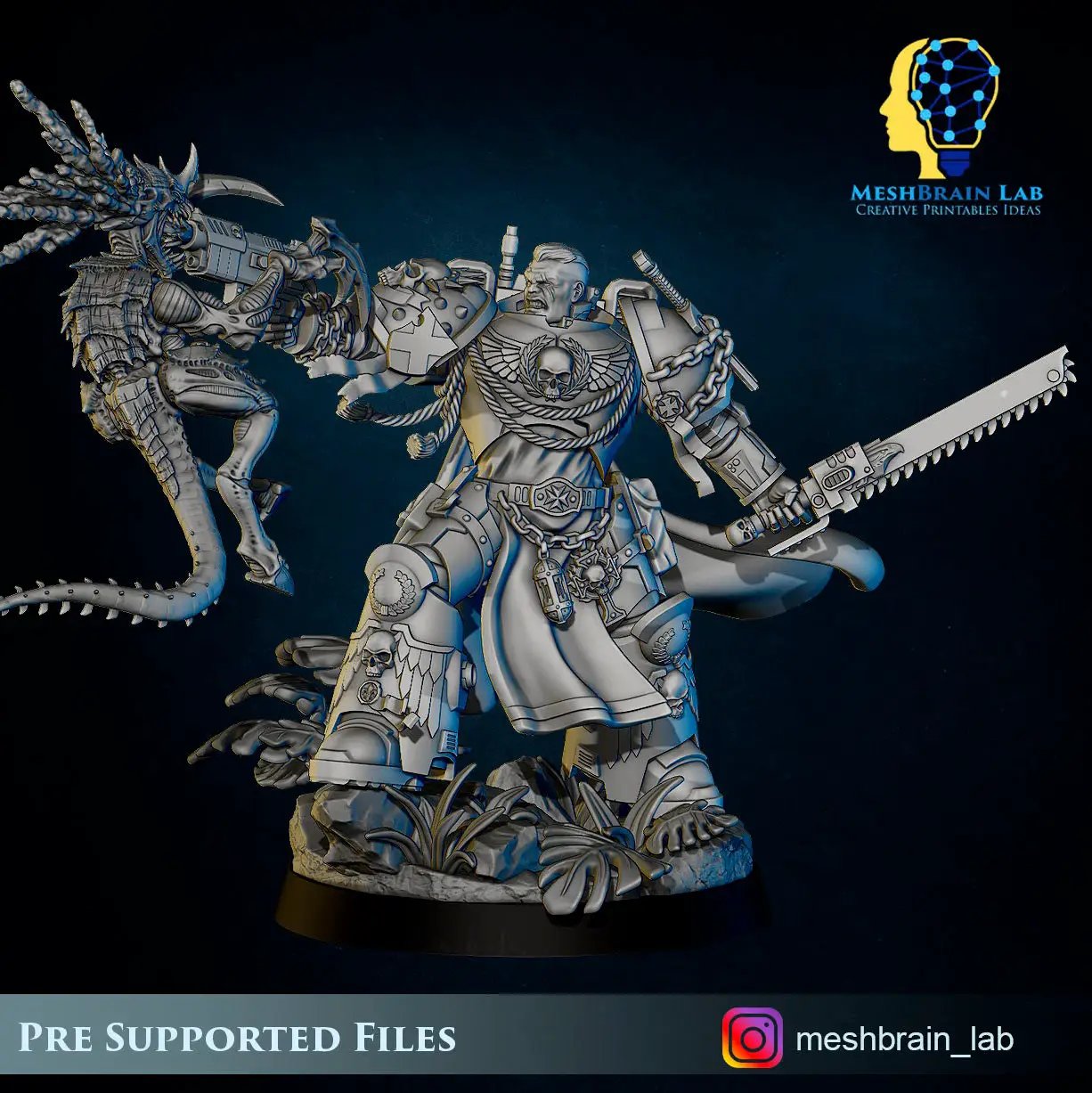 3D printed Imperial Marine model battling Swarm Warrior by Last Hope Miniatures from Meshbrain Labs, detailed sci-fi miniature figure.
