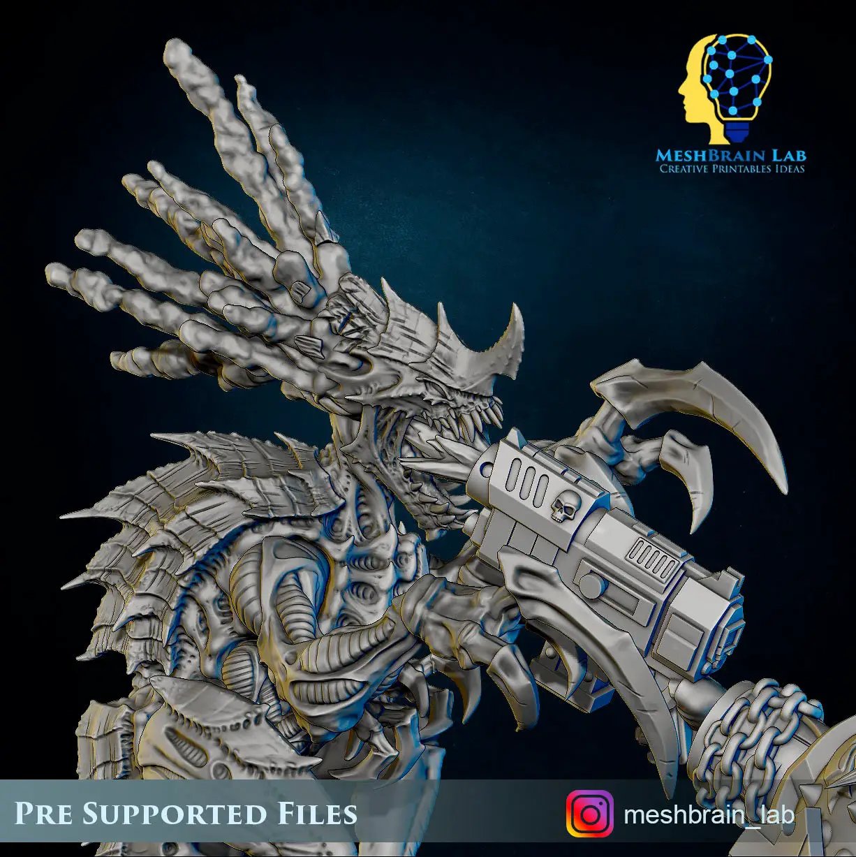3D printed Imperial Marine model battling Swarm Warrior by Meshbrain Labs, detailed miniatures from Last Hope Miniatures.