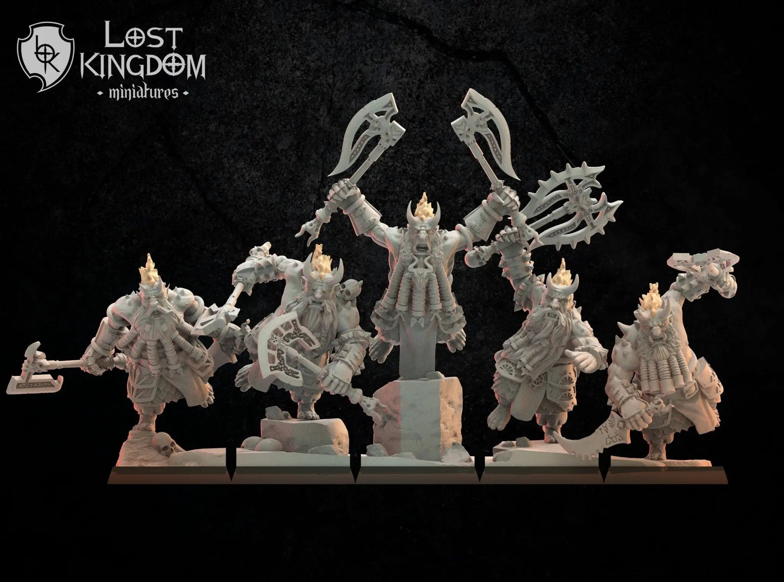Set of five 3D printed Infernal Dwarf Berserkers miniatures by Lost Kingdom Miniatures, detailed fantasy warrior models.