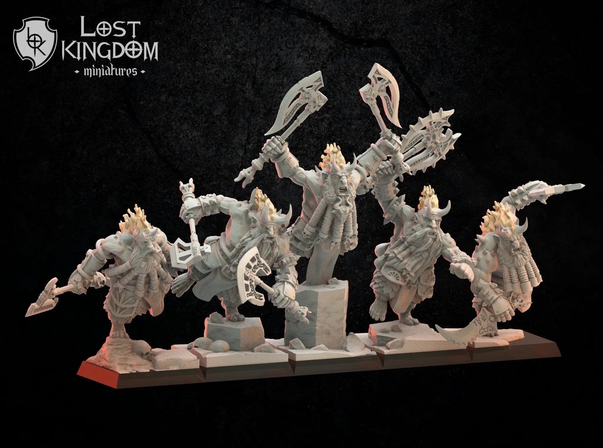 Five 3D printed Infernal Dwarf Berserkers models by Lost Kingdom Miniatures, detailed fantasy tabletop gaming figures.