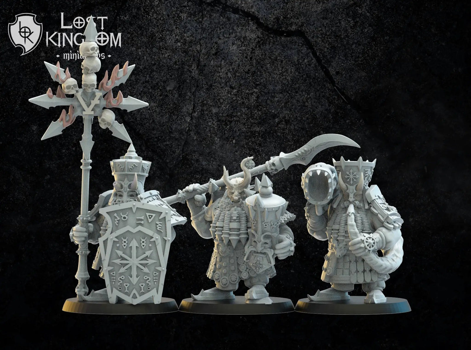 3D printed Infernal Dwarf Command Squad model by Last Hope Miniatures, featuring detailed dwarf figures with weapons and armor.