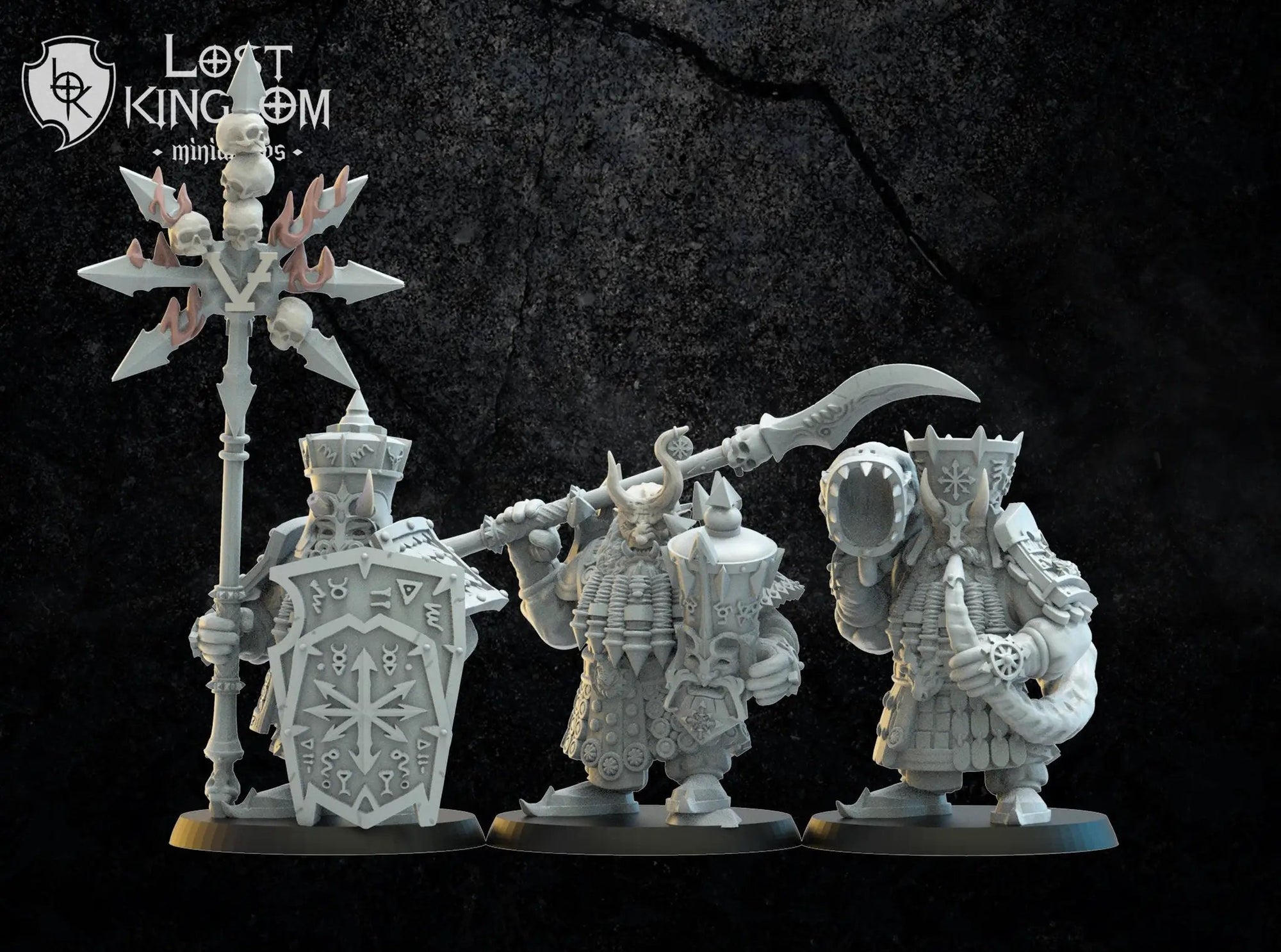 3D printed Infernal Dwarf Command Squad model by Last Hope Miniatures, featuring detailed dwarf figures with weapons and armor.