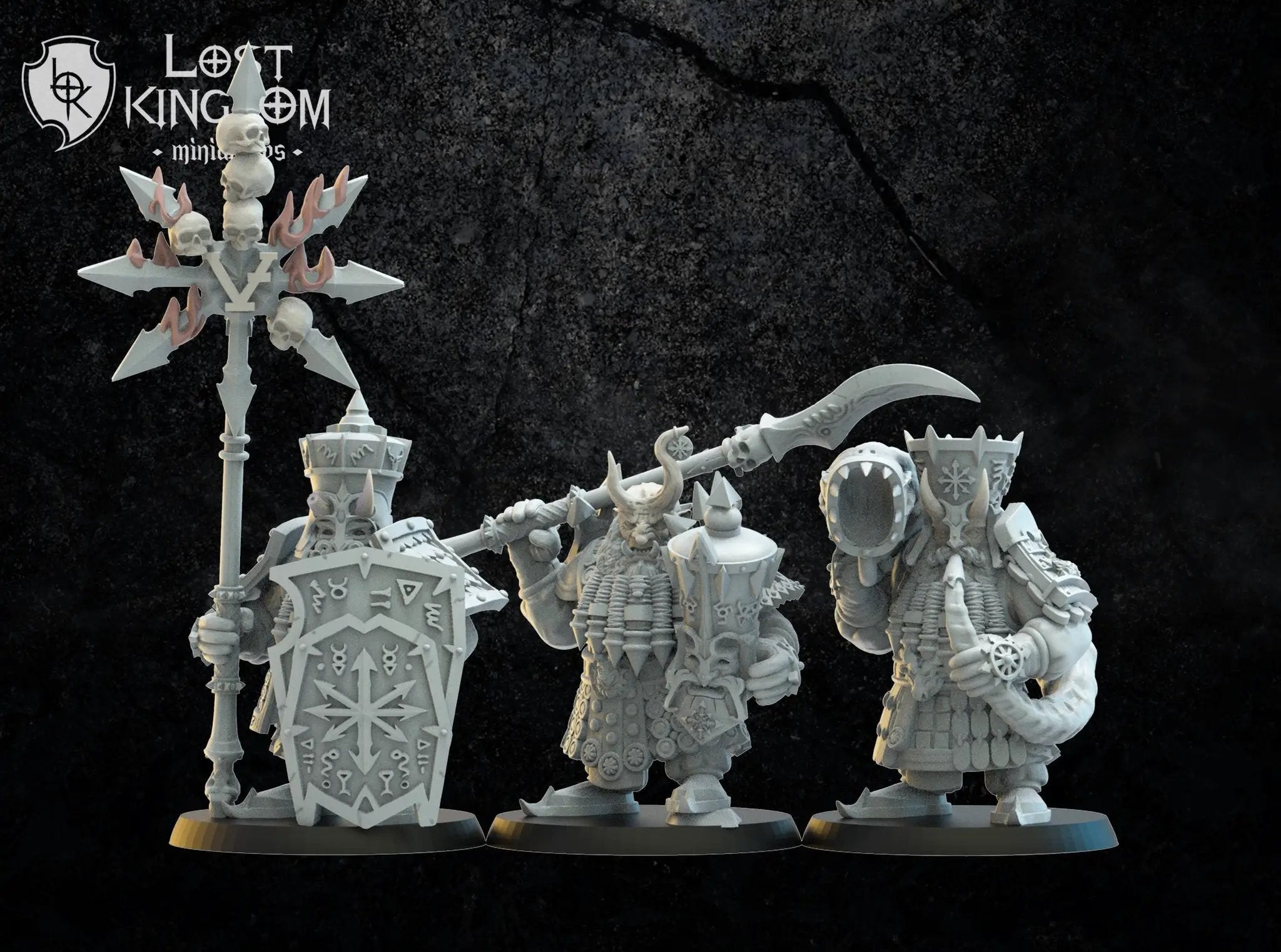 3D printed Infernal Dwarf Command Squad model by Last Hope Miniatures, featuring detailed dwarf figures with weapons and armor.