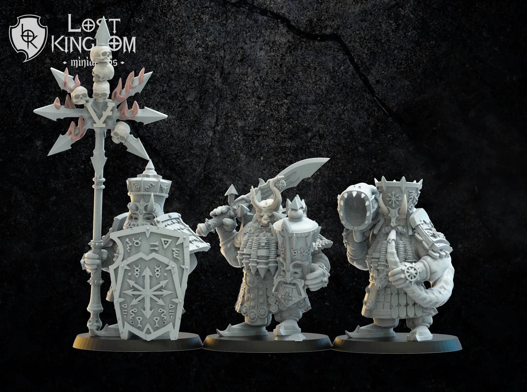 3D printed Infernal Dwarf Command Squad model by Lost Kingdom Miniatures, featuring detailed dwarf figures with weapons and armor.