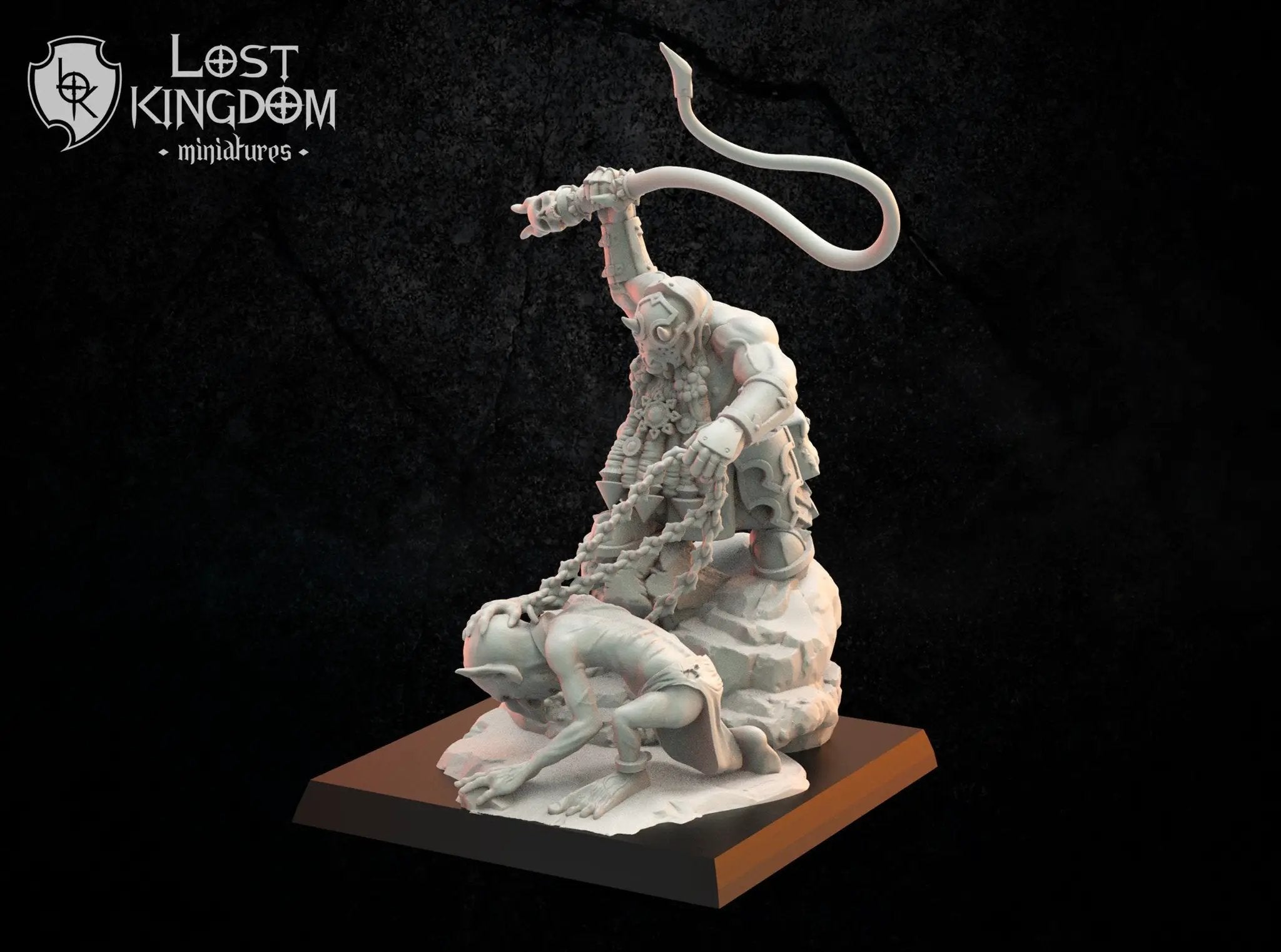 3D printed Infernal Dwarf Slaver model by Lost Kingdom Miniatures, featuring detailed miniature figure on a stand.