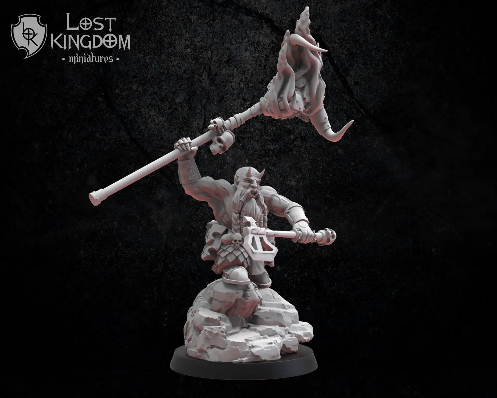 3D printed Infernal Dwarf Standard Bearer model by Lost Kingdom Miniatures, featuring detailed dwarf figure holding a banner.