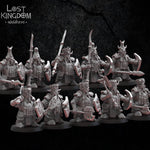 Ten 3D printed Infernal Dwarf Warrior models by Lost Kingdom Miniatures, detailed fantasy dwarf figures for tabletop gaming.