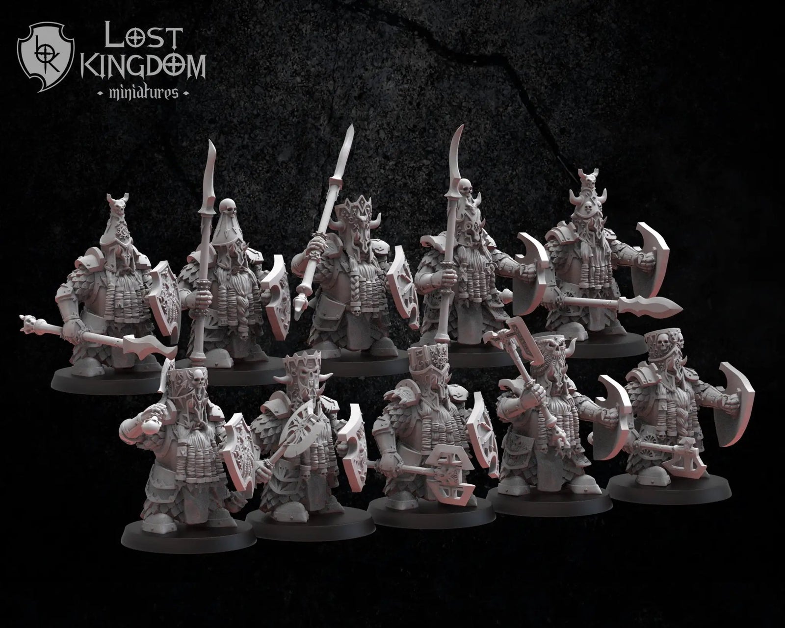 Ten 3D printed Infernal Dwarf Warrior models by Lost Kingdom Miniatures, detailed fantasy dwarf figures for tabletop gaming.