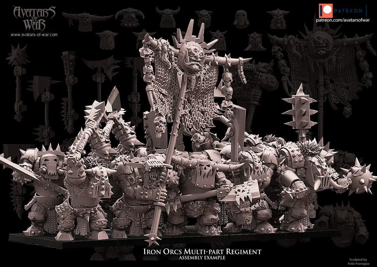 Set of eight 3D printed Iron Orc Regiment models by Avatars of War, miniatures for tabletop gaming by Last Hope Miniatures.