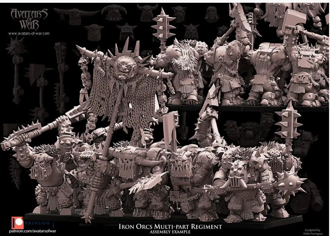 Three sets of 3D printed Iron Orc Regiment models by Last Hope Miniatures for Avatars of War, detailed orc warrior figures.