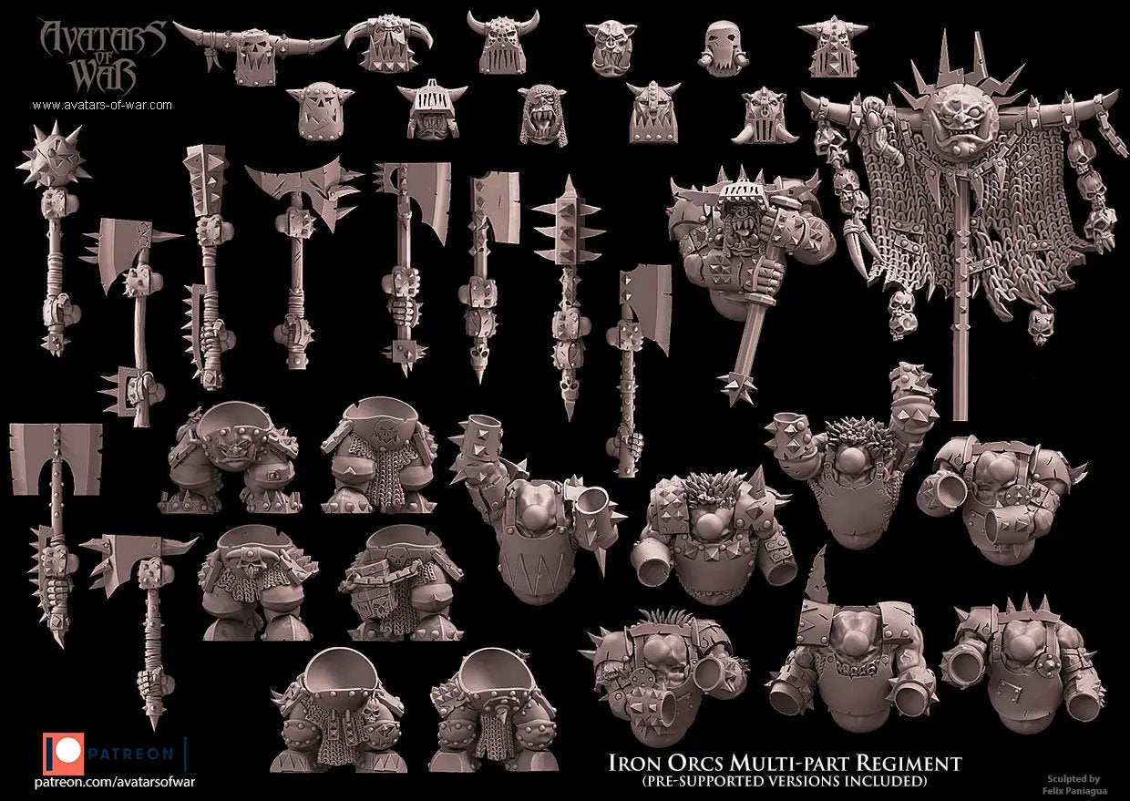 Eight 3D printed Iron Orc Regiment models by Last Hope Miniatures for Avatars of War, featuring detailed orc figures.