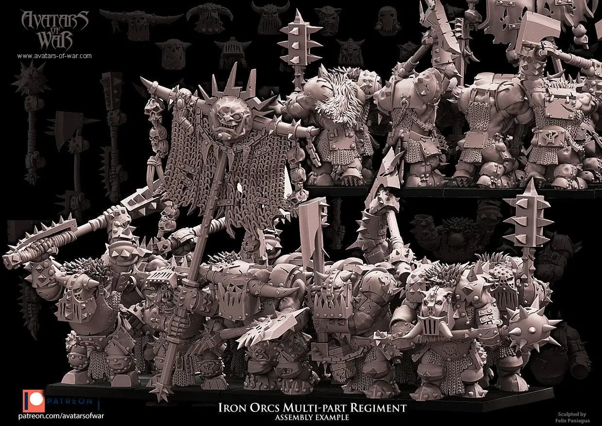 Eight 3D printed Iron Orc Regiment models by Last Hope Miniatures for Avatars of War, featuring detailed orc figures on bases.