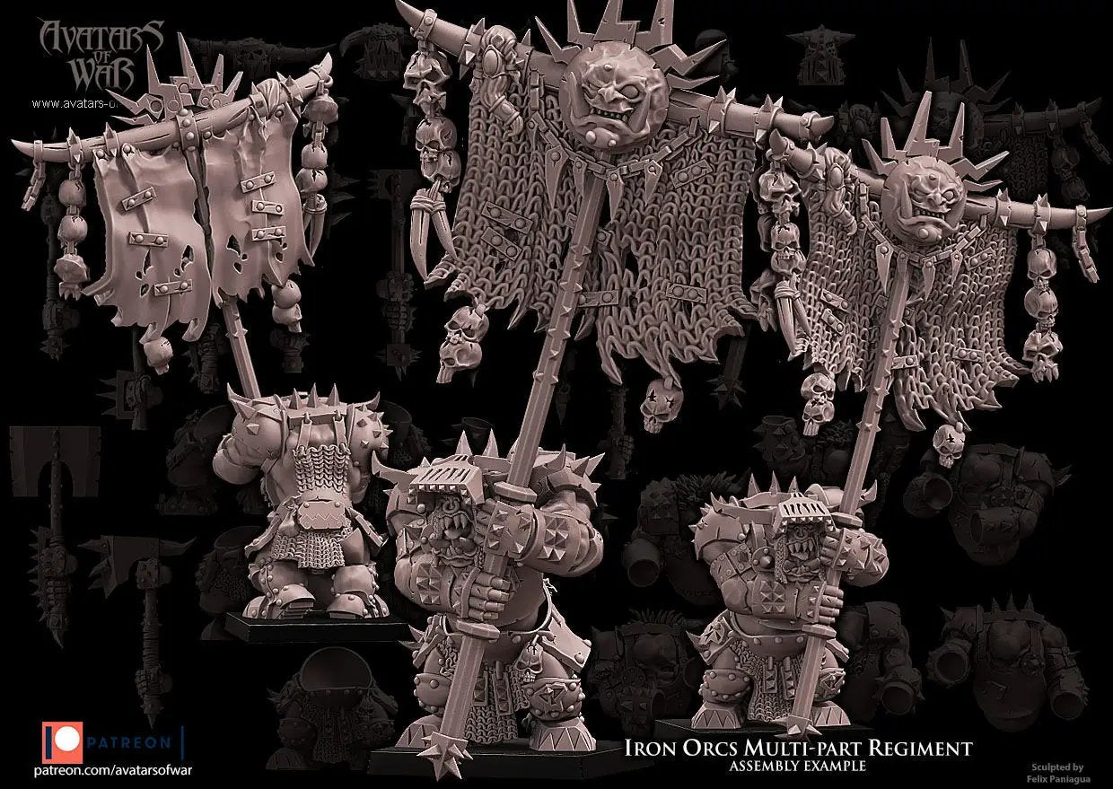 Three 3D printed Iron Orc Regiment models by Avatars of War, assembled and painted, from Last Hope Miniatures.