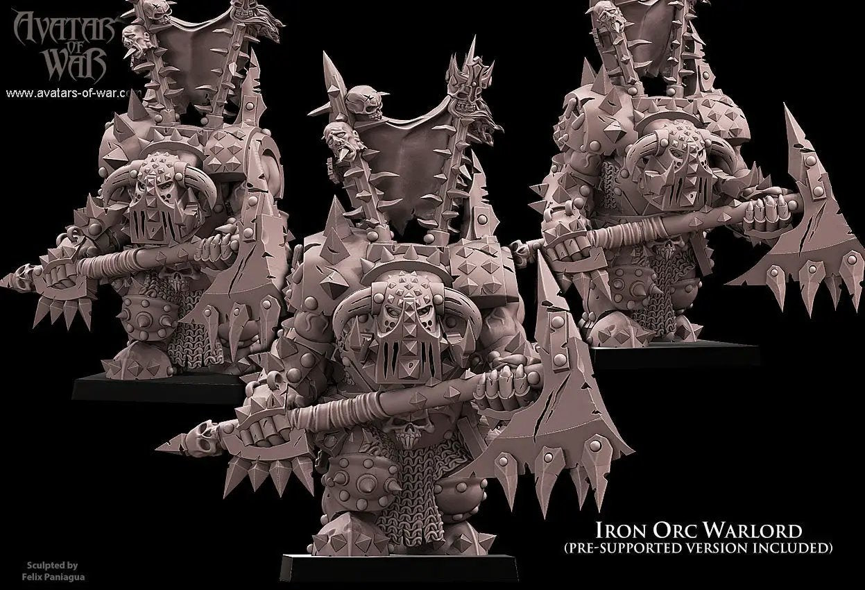 3D printed Iron Orc Warlord model by Last Hope Miniatures, detailed fantasy miniatures from Avatars of War, featuring armor and weaponry.