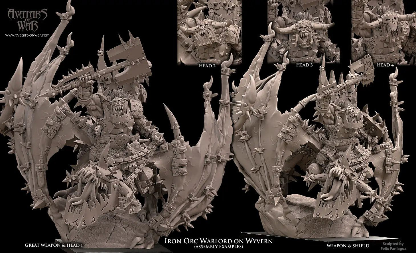 3D printed Iron Orc Warlord on Wyvern model by Avatars of War, detailed miniature with orc warrior riding a wyvern.