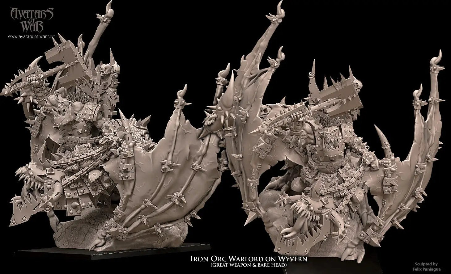 3D printed Iron Orc Warlord on Wyvern model by Avatars of War, displayed on a stand with intricate details and dynamic pose.