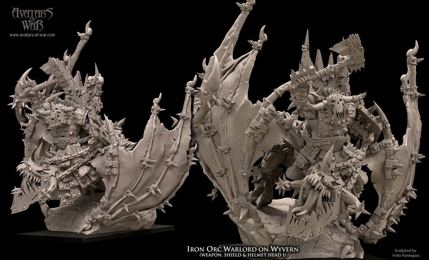 3D printed Iron Orc Warlord on Wyvern model by Avatars of War, detailed fantasy miniature from Last Hope Miniatures.