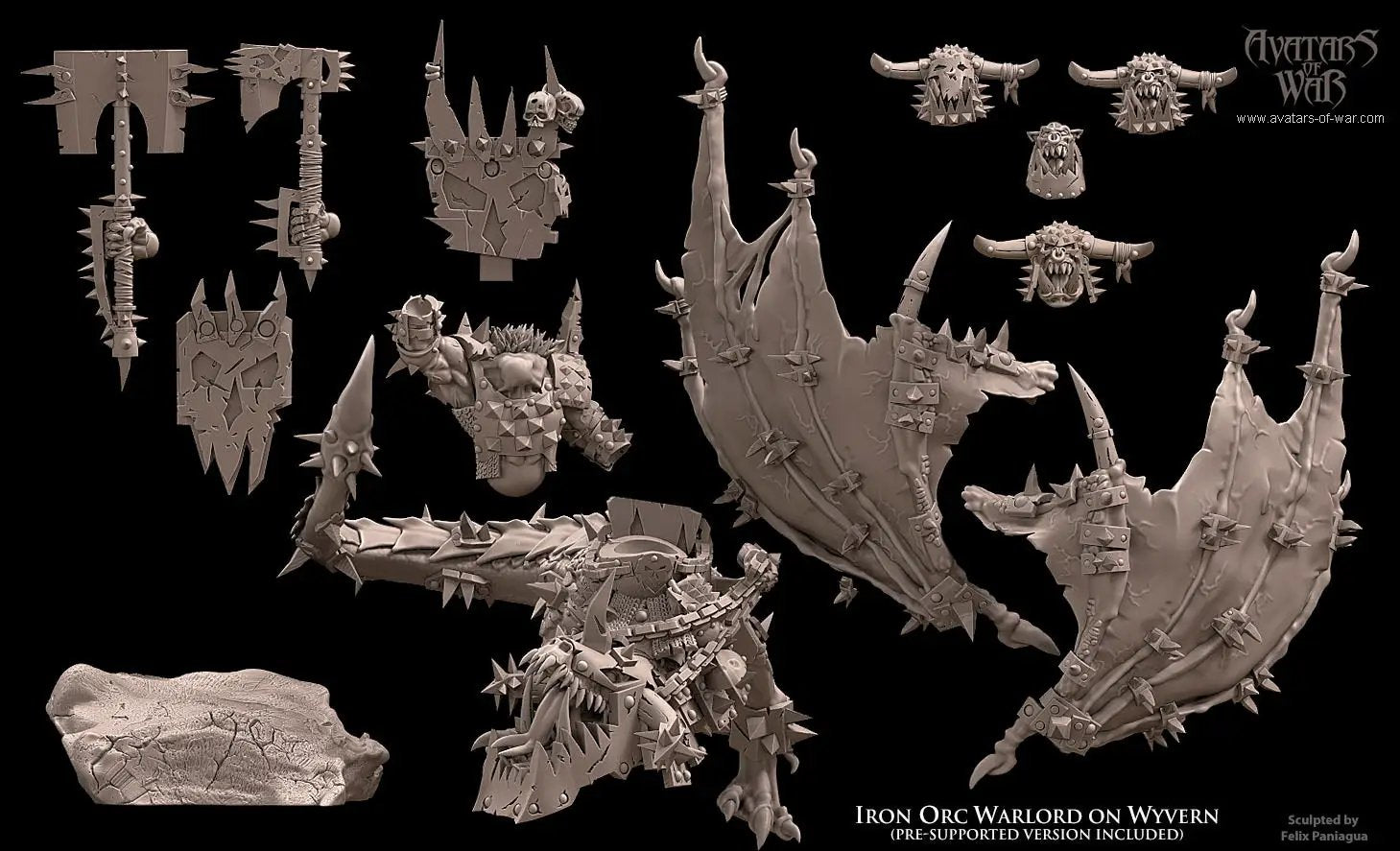 3D printed Iron Orc Warlord on Wyvern model by Avatars of War, detailed miniature from Last Hope Miniatures.