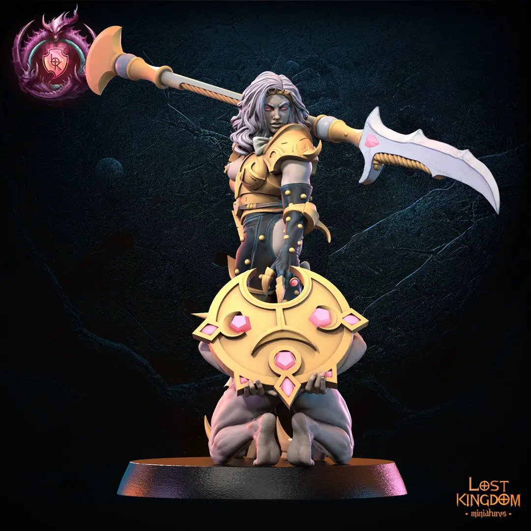 3D printed Jane Blanche Depravation Heroine model by Lost Kingdom Miniatures, featuring detailed sculpt with fantasy armor and weapon.