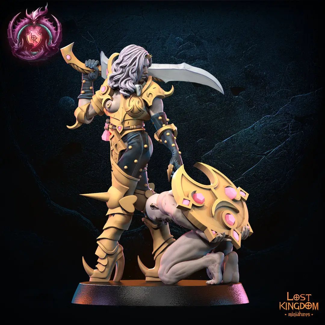3D printed Jane Blanche Depravation Heroine model by Lost Kingdom Miniatures, detailed miniature figure on a stand.