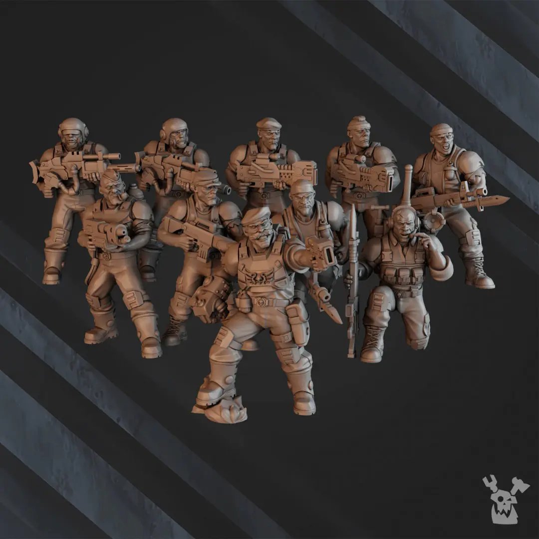 Three-dimensional jungle commando squad models by DakkaDakka Miniatures, part of the Last Hope Miniatures collection, arranged for display.