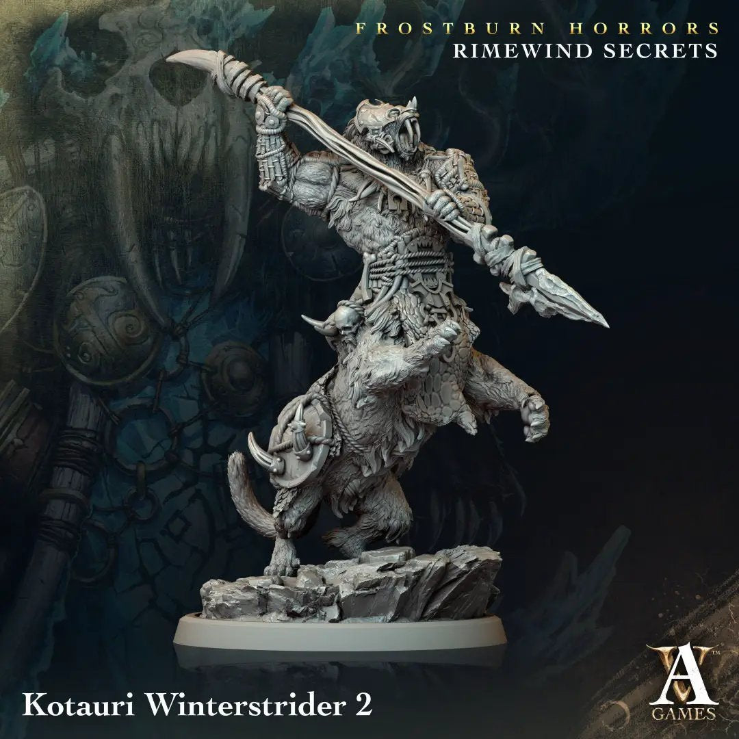 3D printed Kotauri Winterstrider model by Last Hope Miniatures for Archvillain Games, featuring detailed icy creature design.
