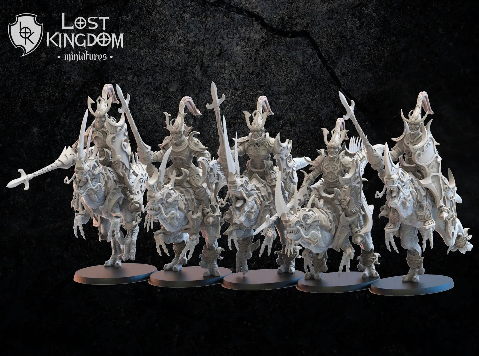 Five 3D-printed Kyoryu Knights miniatures by Lost Kingdom Miniatures for Last Hope Miniatures, detailed models on a plain background.