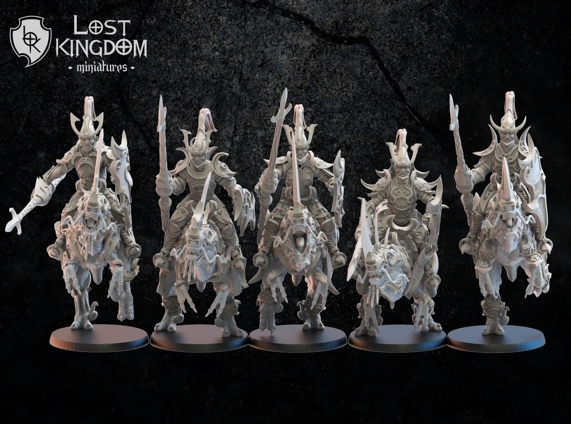 Set of five 3D-printed Kyoryu Knights models by Lost Kingdom Miniatures, displayed with detailed armor and dragon motifs.