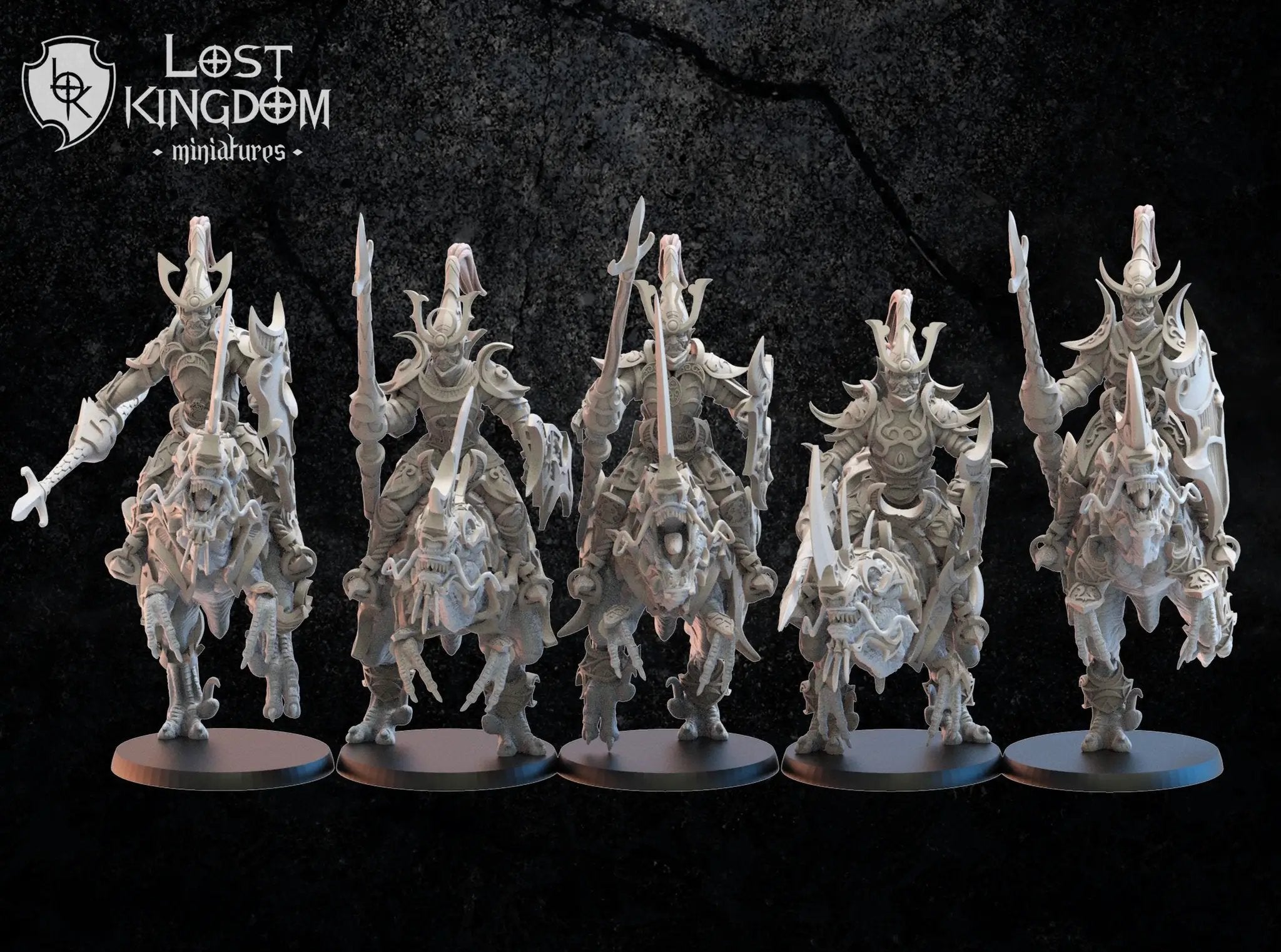 Set of five 3D-printed Kyoryu Knights models by Lost Kingdom Miniatures, displayed with detailed armor and dragon motifs.