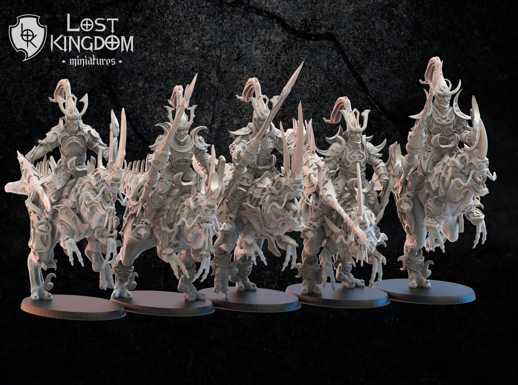 Set of five 3D printed Kyoryu Knights models by Lost Kingdom Miniatures for Last Hope Miniatures, detailed dinosaur-themed figures.