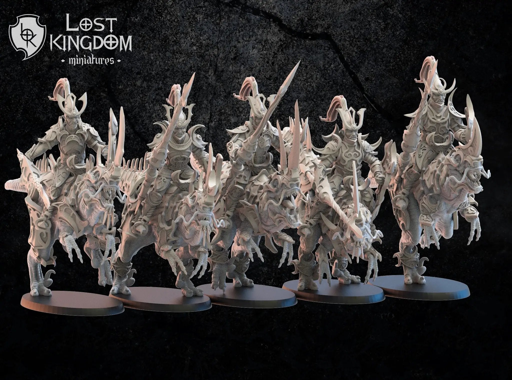 Set of five 3D printed Kyoryu Knights models by Lost Kingdom Miniatures for Last Hope Miniatures, detailed dinosaur-themed figures.