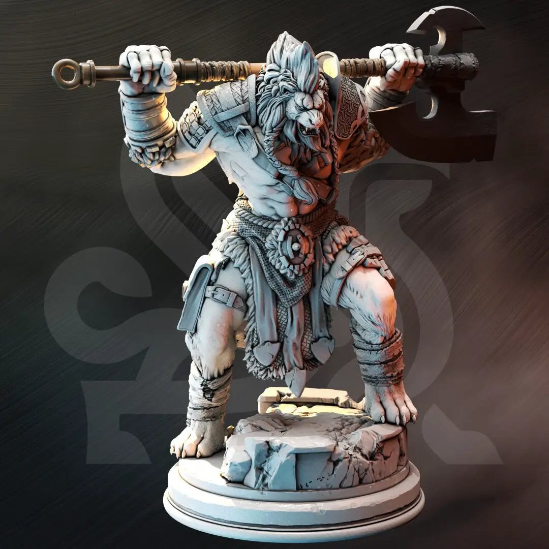 3D printed Lion-folk Barbarian model by Last Hope Miniatures, detailed fantasy figure from DM Stash.