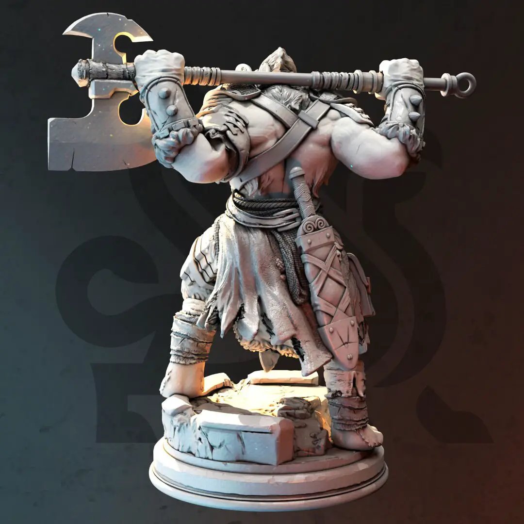 3D printed Lion-folk Barbarian model by DM Stash from Last Hope Miniatures, featuring a fierce lion-headed warrior with detailed armor.