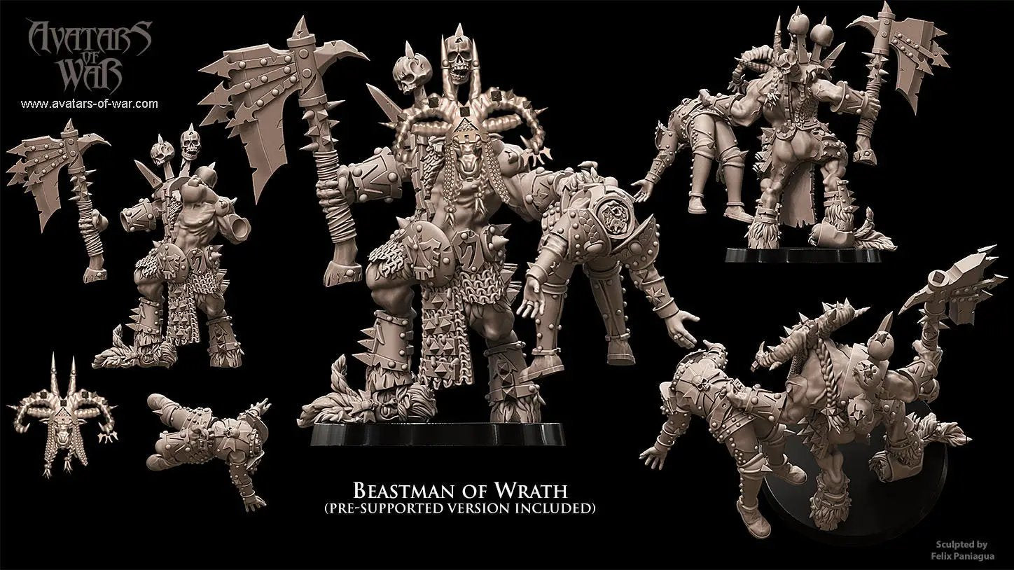 3D printed Lord of Wrath model by Avatars of War, displayed on a stand with detailed armor and menacing pose, created by Last Hope Miniatures.